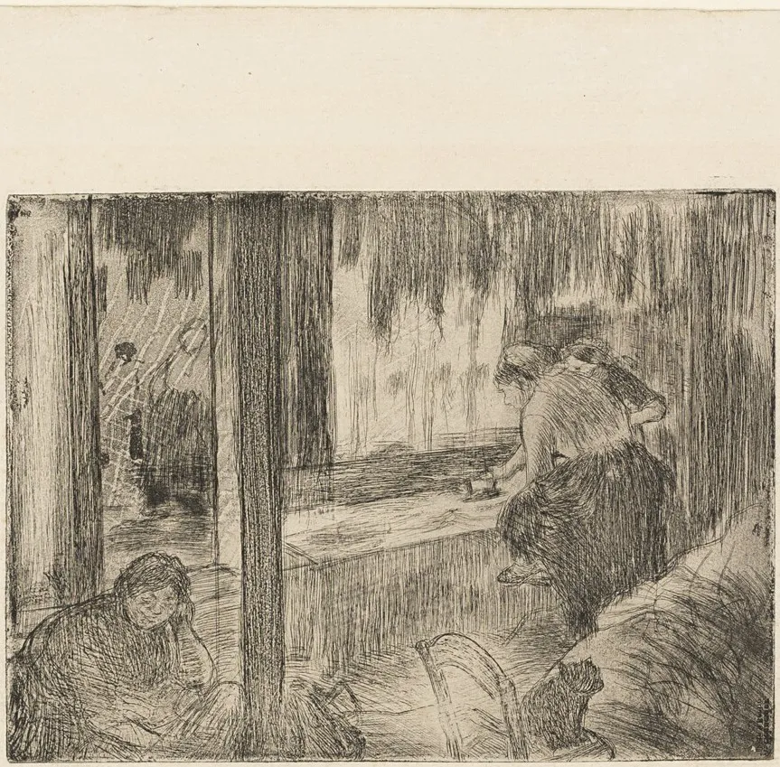 Etching of laundresses at work in a dim laundry.