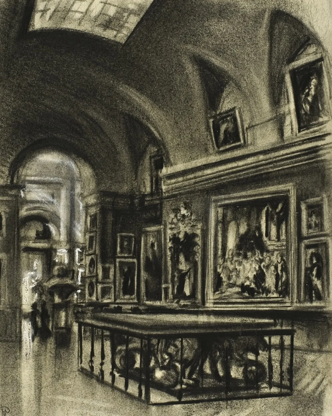 Drawing of the long gallery of the Prado, its walls hung with paintings under a vaulted skylight.