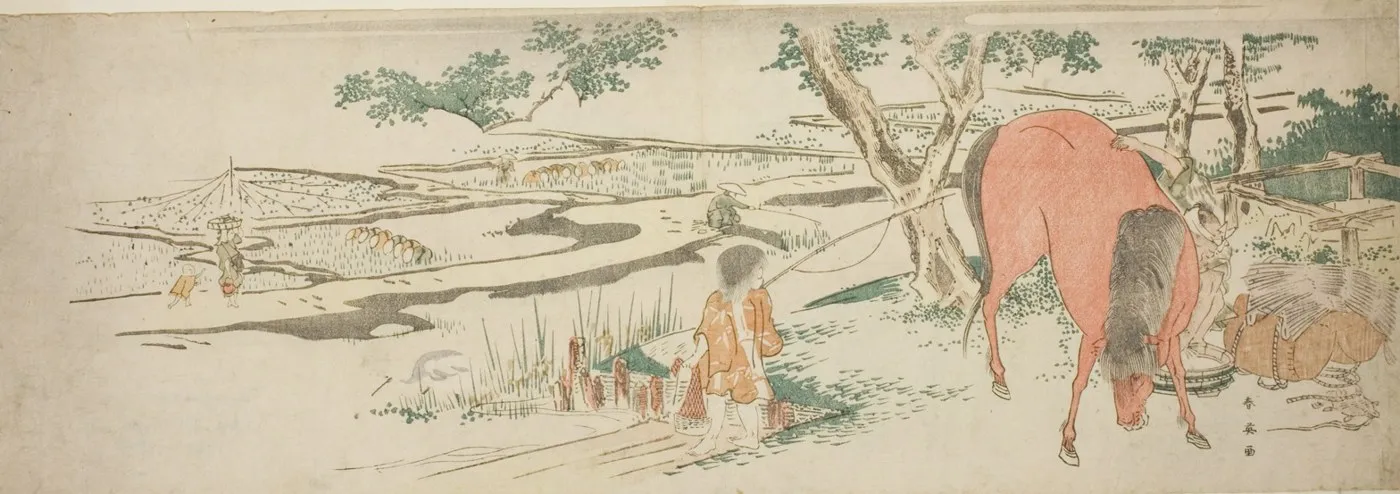 Woodblock print of farmers planting rice in flooded fields while a man washes a horse.